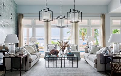 stylish living room interior, classic style, gray living room, gray sofas, large windows, modern interior design