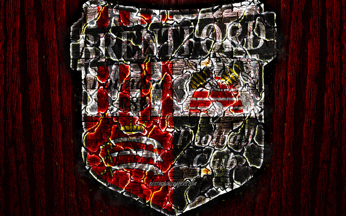 Brentford, scorched logo, Championship, red wooden background, english football club, Brentford FC, grunge, football, soccer, Brentford logo, fire texture, England