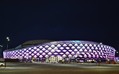 Hazza bin Zayed Stadyumu, gece, ışıklar, mor, Al Ain, Abu Dabi, Birleşik Arap Emirlikleri, Al Ain FC Stadyumu, Futbol Stadyumu