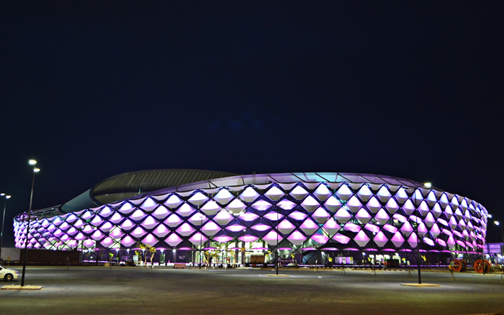 Hazza bin Zayed Stadium, notte, luci viola, Al Ain, Abu Dhabi, Emirati Arabi Uniti, Al Ain FC stadium, stadio di calcio, EMIRATI arabi uniti