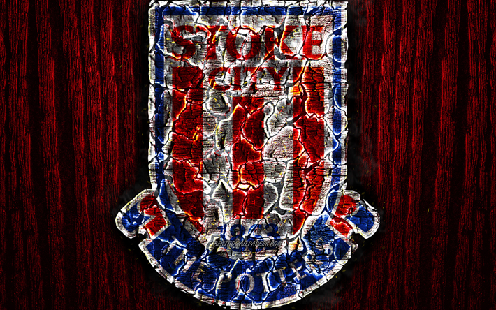 Stoke City, arrasada logotipo, Campeonato, madeira vermelho de fundo, clube de futebol ingl&#234;s, Stoke City FC, grunge, futebol, Stoke City logotipo, fogo textura, Inglaterra