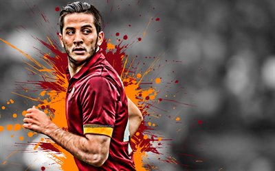 Konstantinos Manolas, 4k, Greek football player, AS Roma, defender, red-orange paint splashes, creative art, Serie A, Italy, football, grunge, Manolas