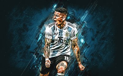 Marcos Rojo, Argentina national football team, defender, joy, goal, blue stone, portrait, famous footballers, football, Argentinian footballers, grunge, Argentina
