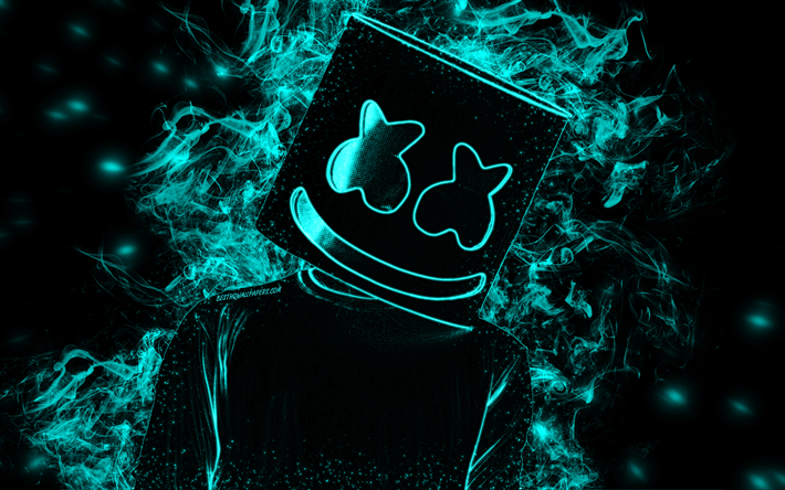 Marshmello, American DJ, turquoise smoke, black background, silhouette Marshmello, hat, creative art, Christopher Comstock
