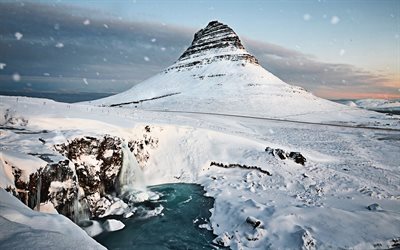 Monte Kirkjufell, 4k, Kirkjufellsfoss, inverno islandese punti di riferimento, cliffs, Grundarfjordur, Iceland, Europe, HDR