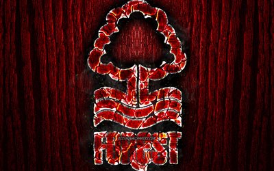 Nottingham Forest, scorched logo, Championship, red wooden background, english football club, Nottingham Forest FC, grunge, football, soccer, Nottingham Forest logo, fire texture, England