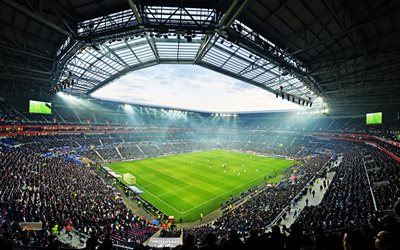 Olympique Lyonnais Stadyumu, taraftar, tam stadyum Işıkları, boş stadyum, Uluslararası Stadyumu, Olimpiyat Parkı ve Olimpiyat Lyonnais, Fransız stadyumlar, spor sahaları, Lyon, Fransa
