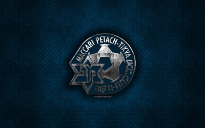 maccabi petach tikva fc, israeli football club, blau metall textur -, metall-logo, emblem, petach tikva, israel, israeli premier league, kunst, fu&#223;ball