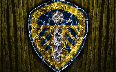 Leeds United, scorched logo, Championship, yellow wooden background, english football club, Leeds United FC, grunge, football, soccer, Leeds United logo, fire texture, England