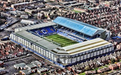Goodison Park, aerial view, Everton stadium, english stadiums, Everton FC, football stadium, Liverpool, England, United Kingdom