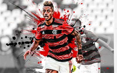 Bruno Henrique, 4k, futbolista Brasile&#241;o, de Flamengo, el delantero, de color rojo-negro gotas de pintura, arte creativo, de la Serie a, el Brasil, el f&#250;tbol, el grunge, Bruno Henrique Pinto