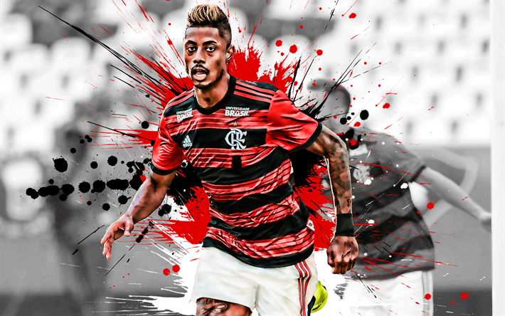 Bruno Henrique, 4k, Brazilian football player, Flamengo, striker, red-black paint splashes, creative art, Serie A, Brazil, football, grunge, Bruno Henrique Pinto