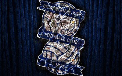 Birmingham City, scorched logo, Championship, blue wooden background, english football club, Birmingham City FC, grunge, football, soccer, Birmingham City logo, fire texture, England