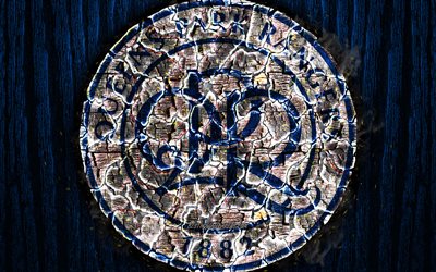 Queens Park Rangers, scorched logo, QPR, Championship, blue wooden background, english football club, Queens Park Rangers FC, grunge, football, soccer, Queens Park Rangers logo, fire texture, England