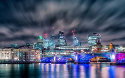 Southwark Bridge, les paysages nocturnes, Fleuve Tamise, Londres monuments, royaume-Uni, Angleterre, Londres