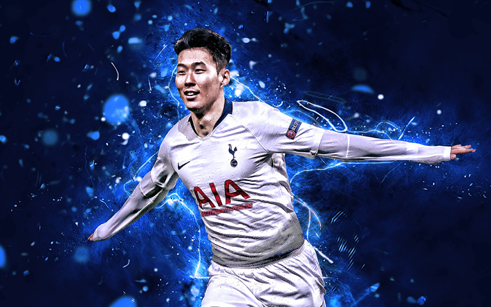 Son Heung-min, forward, Tottenham Hotspur FC, goal, South Korean footballers, soccer, Heung-min Son, Premier League, neon lights, Tottenham FC