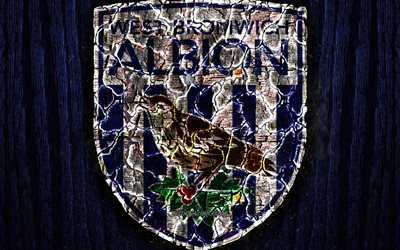 West Bromwich Albion, scorched logo, Championship, blue wooden background, english football club, West Bromwich Albion FC, grunge, football, soccer, West Bromwich Albion logo, fire texture, England