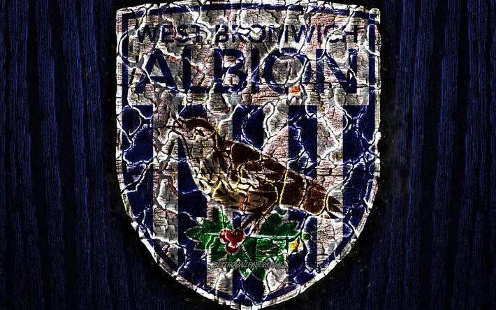 O West Bromwich Albion, arrasada logotipo, Campeonato, de madeira azul de fundo, clube de futebol ingl&#234;s, O West Bromwich Albion FC, grunge, futebol, O West Bromwich Albion logotipo, fogo textura, Inglaterra