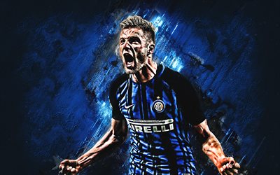 Milan Skriniar, Internazionale FC, defender, joy, goal, Inter Milan FC, blue stone, portrait, famous footballers, football, Slovak footballers, grunge, Serie A, Italy, Skriniar