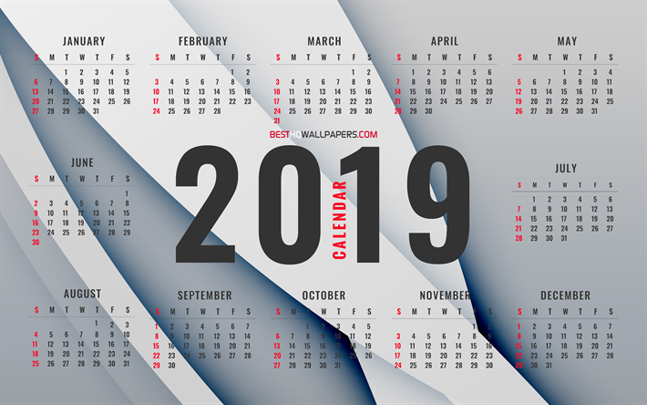Gris Calendario de 2019, 4k, fondo gris, 2019 Calendario Anual, el brillo, la creatividad, el Calendario de 2019, el resumen de las ondas, A&#241;o 2019 Calendario de 2019 calendarios, el arte abstracto, 2019 calendario