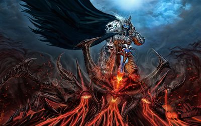 Arthas Menethil, 4k, guerrero con espada, monstruo, World Of Warcraft, el demonio, el Rey Ex&#225;nime, WoW