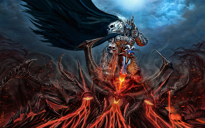 Arthas Menethil, 4k, guerreiro com espada, monstro, World Of Warcraft, dem&#244;nio, Lich King, WoW