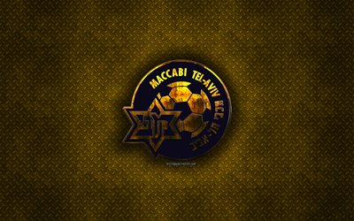 maccabi tel aviv israelischer fu&#223;ball-verein, gelbe metall textur -, metall-logo, emblem, tel aviv, israel, israeli premier league, kunst, fu&#223;ball