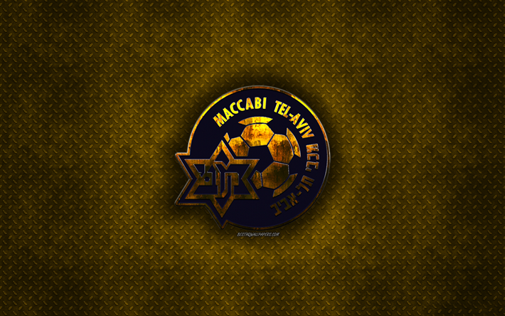 Maccabi Tel Aviv FC, Israeliska football club, gul metall textur, metall-logotyp, emblem, Tel Aviv, Israel, Israeliska Premier League, kreativ konst, fotboll