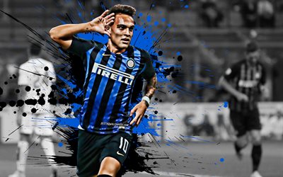 Lautaro Martinez, 4k, Argentinian football player, Inter Milan FC, striker, blue black paint splashes, creative art, Internazionale FC, Serie A, Italy, football, grunge