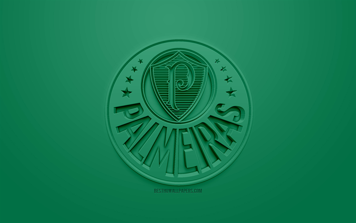 Palm OM, Sociedade Esportiva Palmeiras, kreativa 3D-logotyp, gr&#246;n bakgrund, 3d-emblem, Brasiliansk fotboll club, Serie A, Sao Paulo, Brasilien, 3d-konst, fotboll, snygg 3d-logo, Palmer