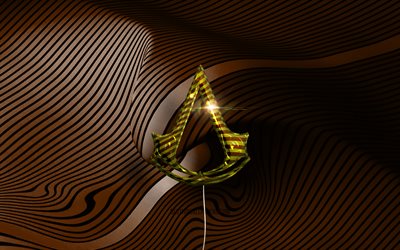 Logo Assassins Creed 3D, 4K, palloncini realistici dorati, logo Assassins Creed, sfondi ondulati marroni, Assassins Creed