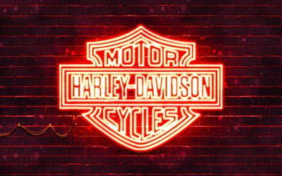 Harley-Davidson red logo, 4k, red brickwall, Harley-Davidson logo, motorcyles brands, Harley-Davidson neon logo, Harley-Davidson