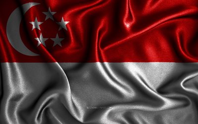 Singaporen lippu, 4k, silkki aaltoilevat liput, Aasian maat, kansalliset symbolit, kangasliput, 3D-taide, Singapore, Aasia, Singaporen 3D-lippu