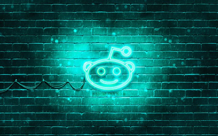 Reddit turkoosi logo, 4k, turkoosi tiilisein&#228;, Reddit logo, sosiaaliset verkostot, Reddit neon logo, Reddit