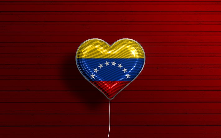 ベネズエラが大好き, 4k, リアルな風船, 赤い木の背景, 南アメリカ諸国, ベネズエラの旗の心, 好きな国, ベネズエラの旗, フラグ付きバルーン, 南アメリカ, ベネズエラ