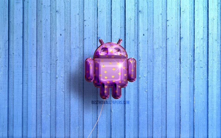 4k, logo Android, ballons r&#233;alistes violets, logo 3D Android, arri&#232;re-plans en bois bleus, Android