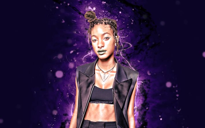 Willow Smith, 4k, american singer, music stars, violet neon lights, american celebrity, Willow Camille Reign Smith, superstars, Willow Smith 4K