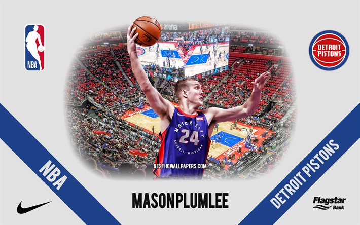 Mason Plumlee, Detroit Pistons, amerikkalainen koripallopelaaja, NBA, muotokuva, USA, koripallo, Little Caesars Arena, Detroit Pistons logo