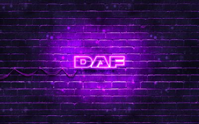 DAF violet logo, 4k, violet brickwall, DAF logo, cars brands, DAF neon logo, DAF