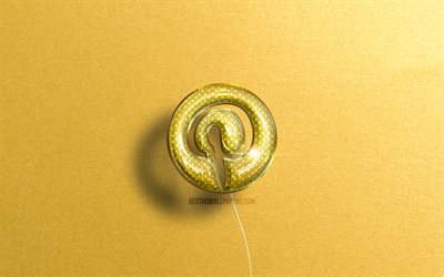 Pinterestの3Dロゴ, 黄色のリアルな風船, 4k, ソーシャルネットワーク, Pinterestのロゴ, 黄色い石の背景, Pinterest