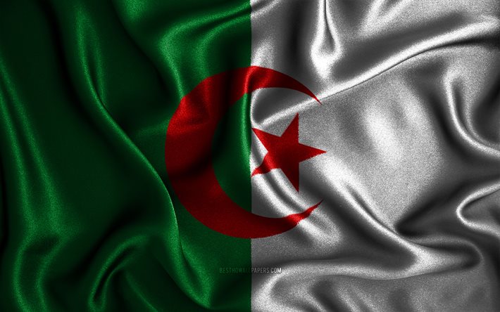 Bandiera algerina, 4k, bandiere ondulate di seta, paesi africani, simboli nazionali, bandiera dell&#39;Algeria, bandiere in tessuto, arte 3D, Algeria, Africa, bandiera 3D dell&#39;Algeria