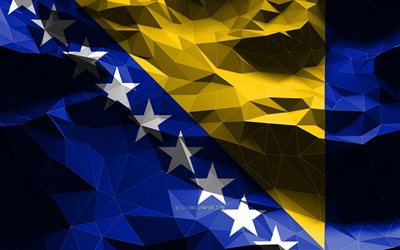 4k, drapeau bosniaque, art low poly, pays europ&#233;ens, symboles nationaux, drapeau de la Bosnie-Herz&#233;govine, drapeaux 3D, Bosnie-Herz&#233;govine, Europe, drapeau 3D de la Bosnie-Herz&#233;govine