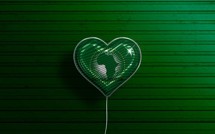 Amo l&#39;Unione africana, 4k, palloncini realistici, sfondo di legno verde, paesi africani, cuore della bandiera dell&#39;Unione africana, paesi preferiti, bandiera dell&#39;Unione africana, palloncino con bandiera, Unione africana, amore dell&#39;Unione