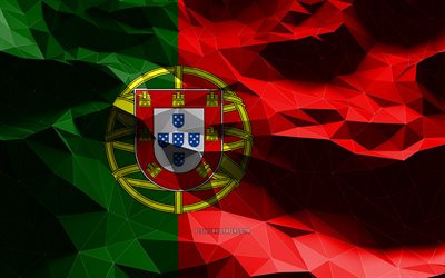 4k, drapeau portugais, art low poly, pays europ&#233;ens, symboles nationaux, drapeau du Portugal, drapeaux 3D, Portugal, Europe, drapeau du Portugal 3D