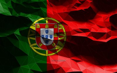 4k, bandeira portuguesa, low poly art, pa&#237;ses europeus, s&#237;mbolos nacionais, bandeira de Portugal, bandeiras 3D, Portugal, Europa, bandeira 3D de Portugal