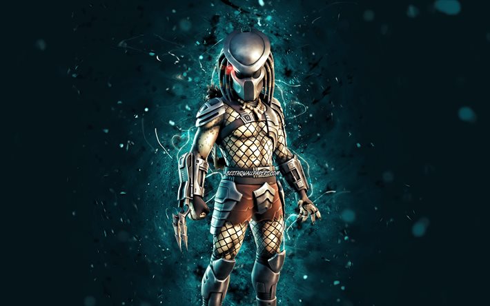 Predador, 4k, luzes de n&#233;on azuis, Fortnite Battle Royale, personagens Fortnite, Pele de Predador, Fortnite, Predator Fortnite