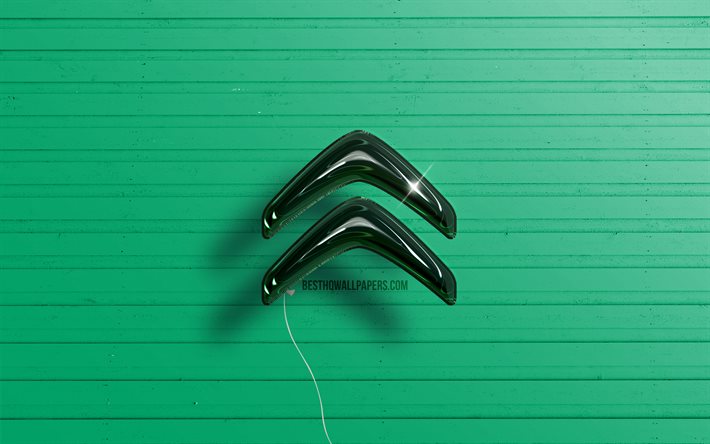 Logo Citroen 3D, 4K, palloncini realistici verde scuro, marche di automobili, logo Citroen, sfondi in legno verde, Citroen