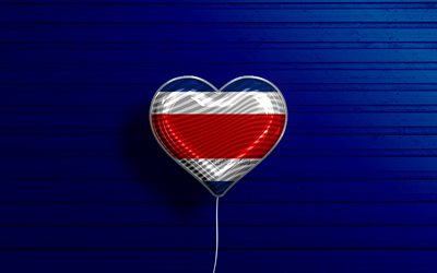 I Love Costa Rica, 4k, realistic balloons, blue wooden background, North American countries, Costa Rican flag heart, favorite countries, flag of Costa Rica, balloon with flag, Costa Rican flag, North America, Love Costa Rica