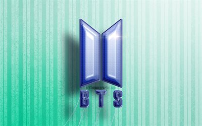 4k, logo BTS 3D, Bangtan Boys, ballons r&#233;alistes bleus, &#233;toiles de la musique, logo BTS, logo Bangtan Boys, fonds en bois bleus, BTS