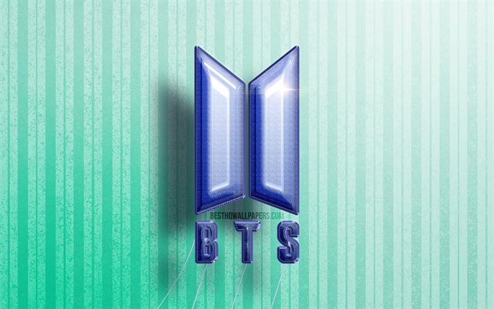 4k, BTS 3D-logotyp, Bangtan Boys, bl&#229; realistiska ballonger, musikstj&#228;rnor, BTS-logotyp, Bangtan Boys-logotyp, bl&#229; tr&#228;bakgrund, BTS